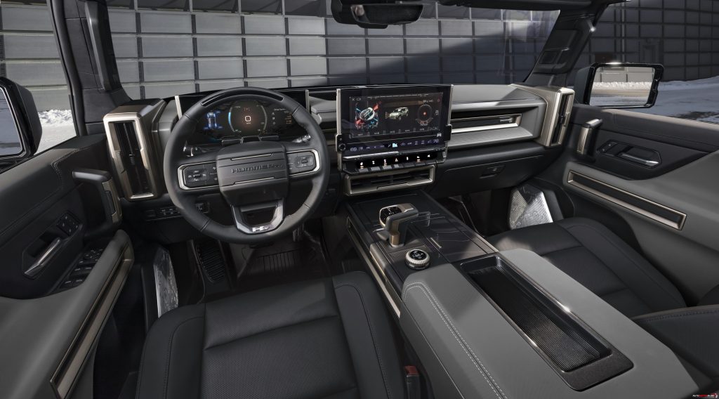 The GMC HUMMER EV SUV debuts in the low contrast Lunar Shadow interior and includes a spacious cargo area and an architecturally inspired cabin.