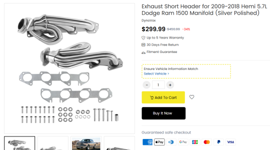 Exhaust Shorty Header for 2009 2018 Hemi 5.7L Dodge Ram 1500 Manifold (Silver Polished)