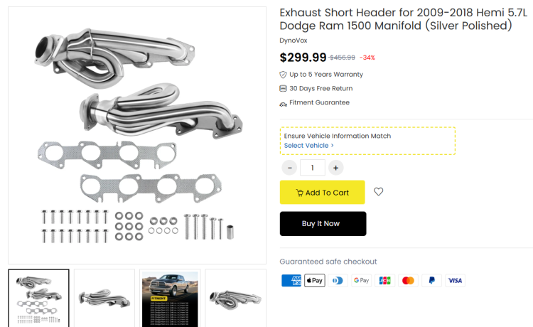 Exhaust Shorty Header for 2009 2018 Hemi 5.7L Dodge Ram 1500 Manifold (Silver Polished)